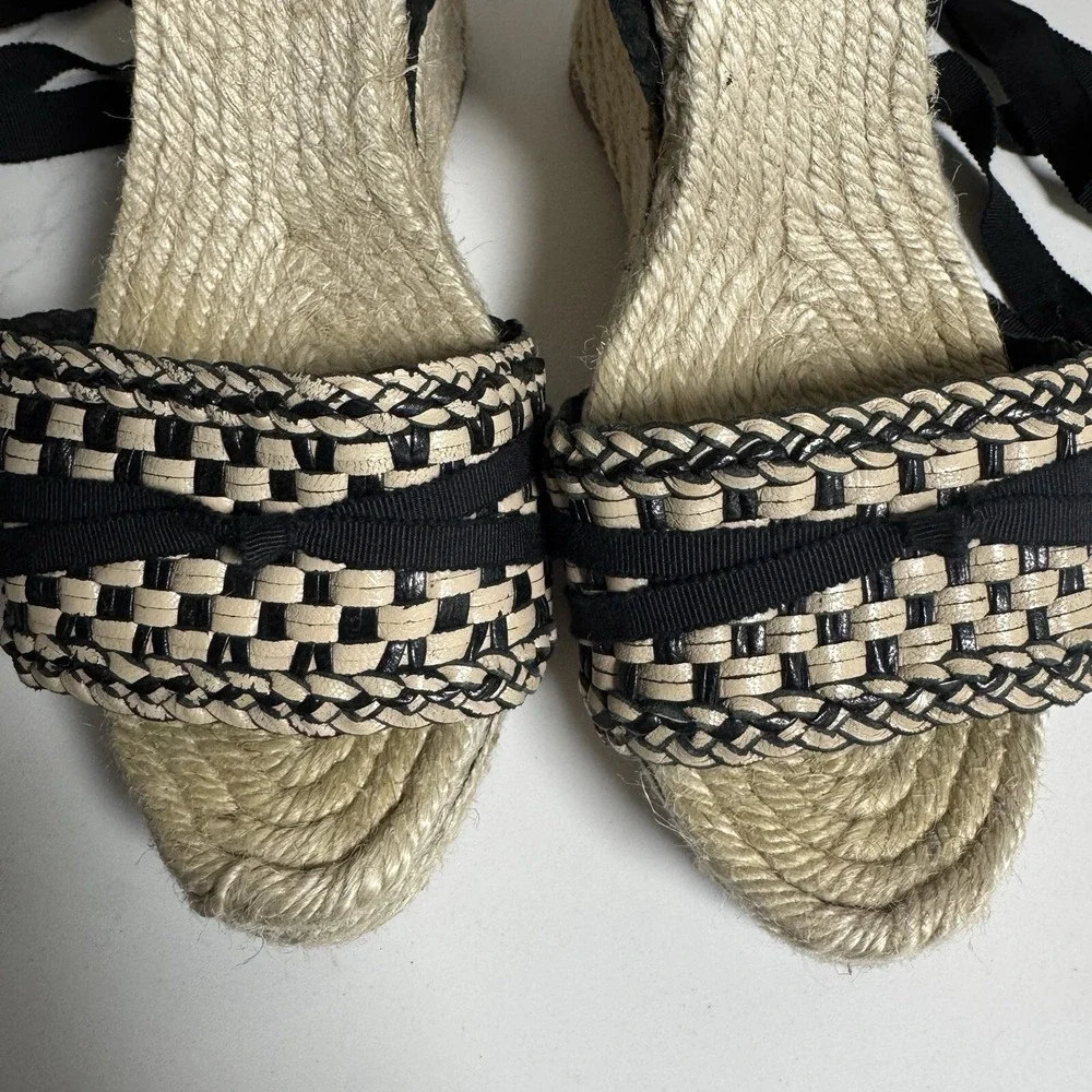 Kate Spade Taley Wedge Sandals Womens‎ 9 Black Cream Woven Espadrille Ankle Tie